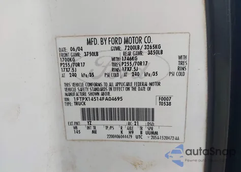 2004 Ford F-150 Fx4/Lariat/Xl/Xlt из США, поврежденный, VIN 1FTPX14514FA04695